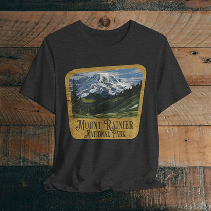 Mount Rainier National Park Unisex Fit Short Sleeve T-Shirt Wood Sign T-Shirt Printify Dark Grey Heather XS