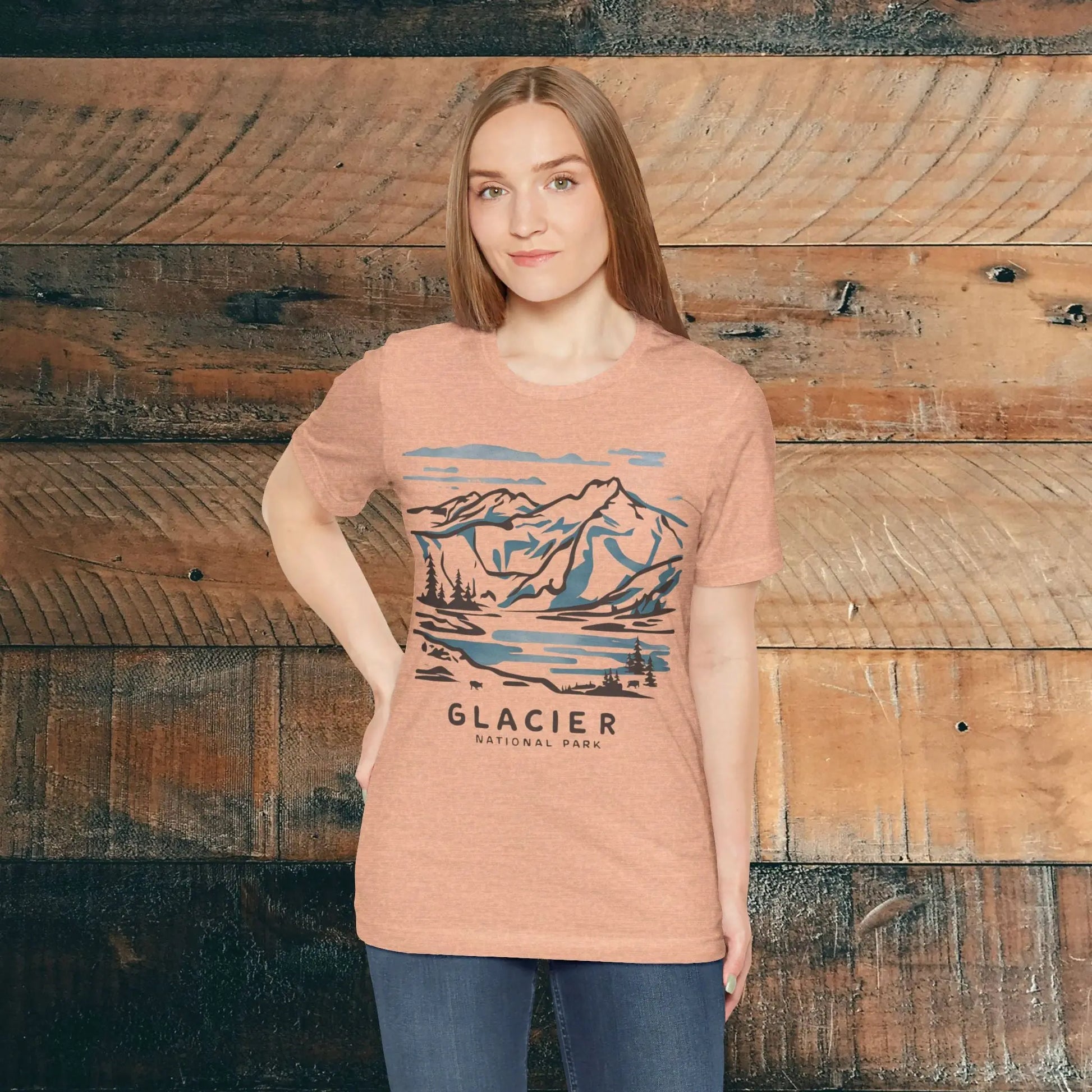 Glacier National Park Unisex Fit Soft T-Shirt Watercolor Line Art T-Shirt Printify