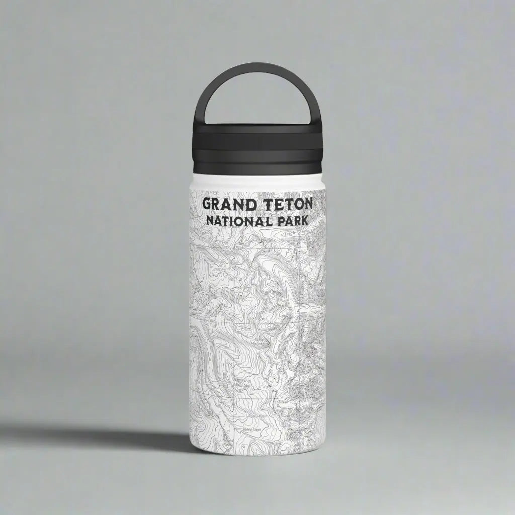 Grand Teton National Park Topographic Stainless Steel Water Bottle Handle Lid Mug Printify White 12oz