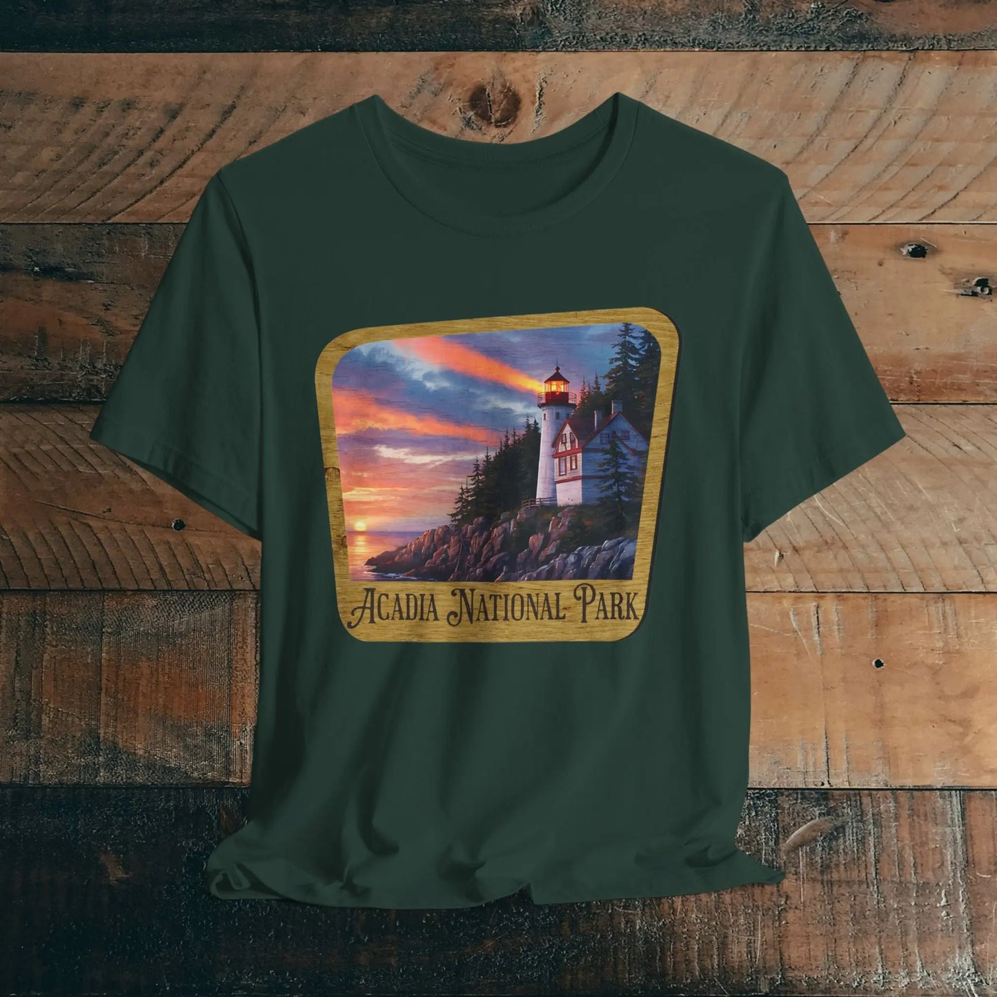 Acadia National Park Unisex Fit Short Sleeve T-Shirt Wood Sign T-Shirt Printify Forest XS
