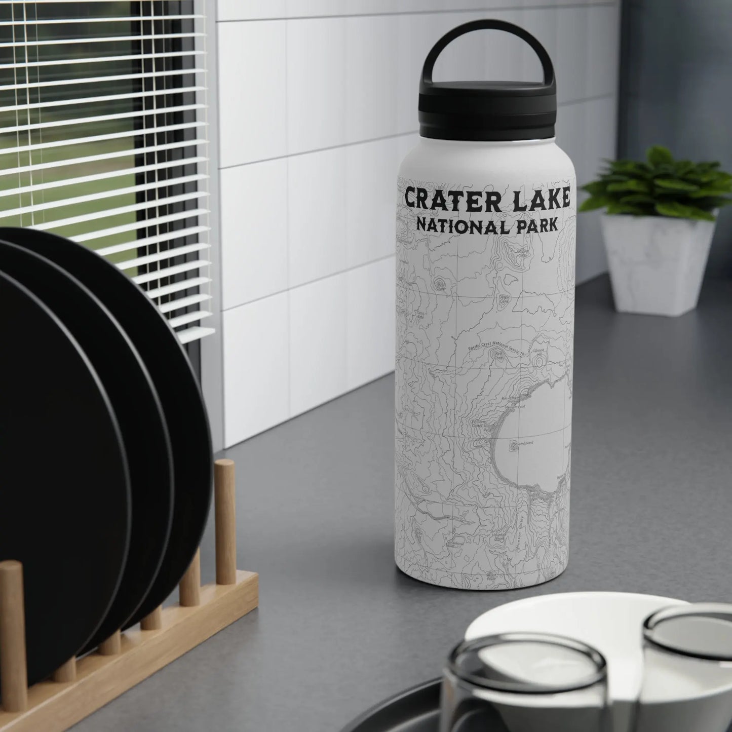 Crater Lake National Park Topographic Stainless Steel Water Bottle Handle Lid water bottle Printify