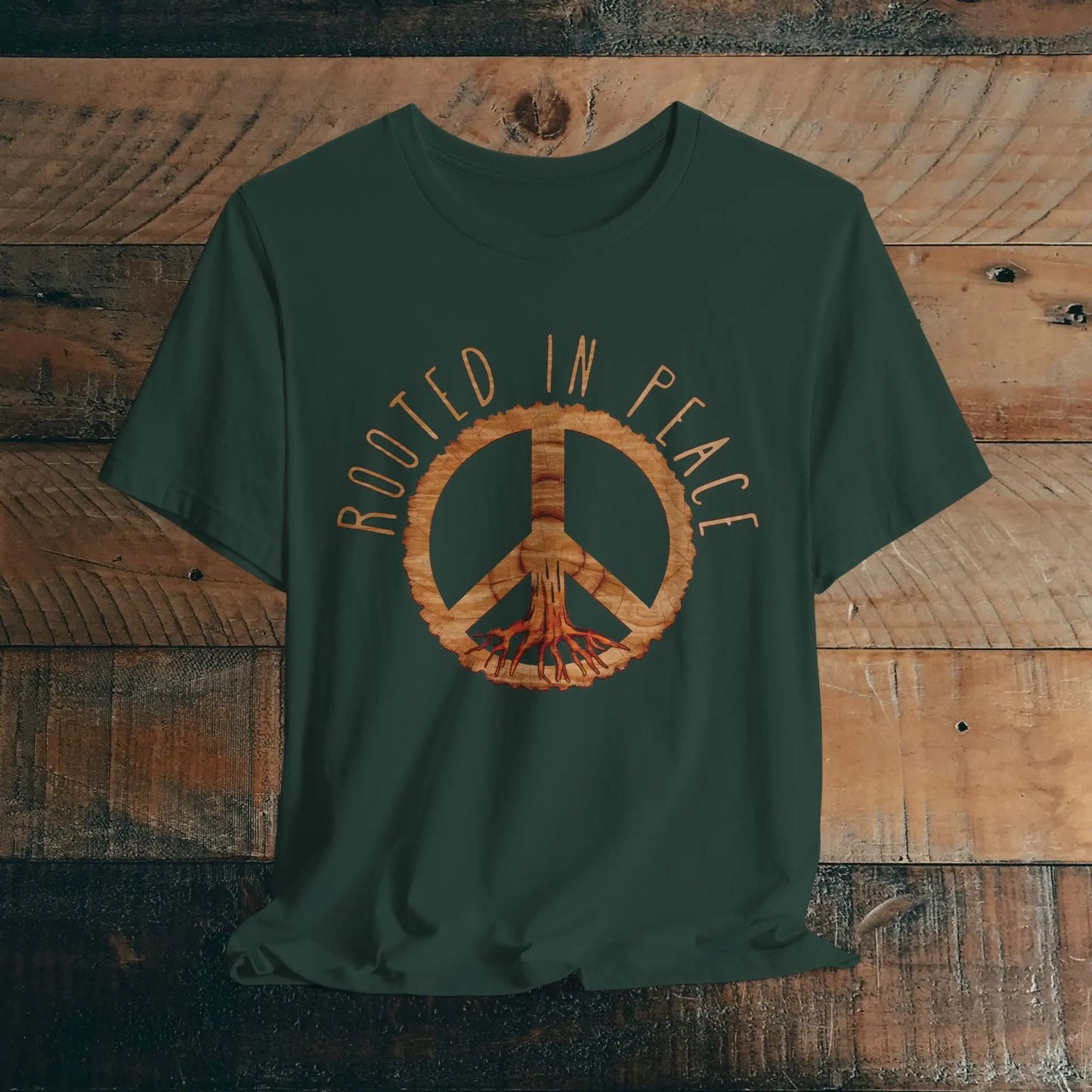 Rooted In Peace Sign Rustic Wood Look Unisex Fit Short Sleeve T-Shirt Tree Roots T-Shirt Printify Forest XS