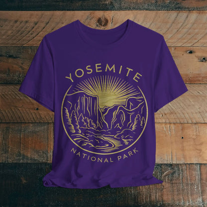 Yosemite National Park Valley Outline Art Unisex Fit Soft T-Shirt Wood Pattern T-Shirt Printify Team Purple S