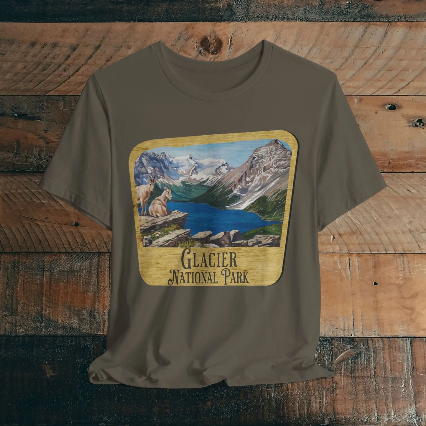 Glacier National Park Unisex Fit Short Sleeve T-Shirt Wood Sign T-Shirt Printify Army XS