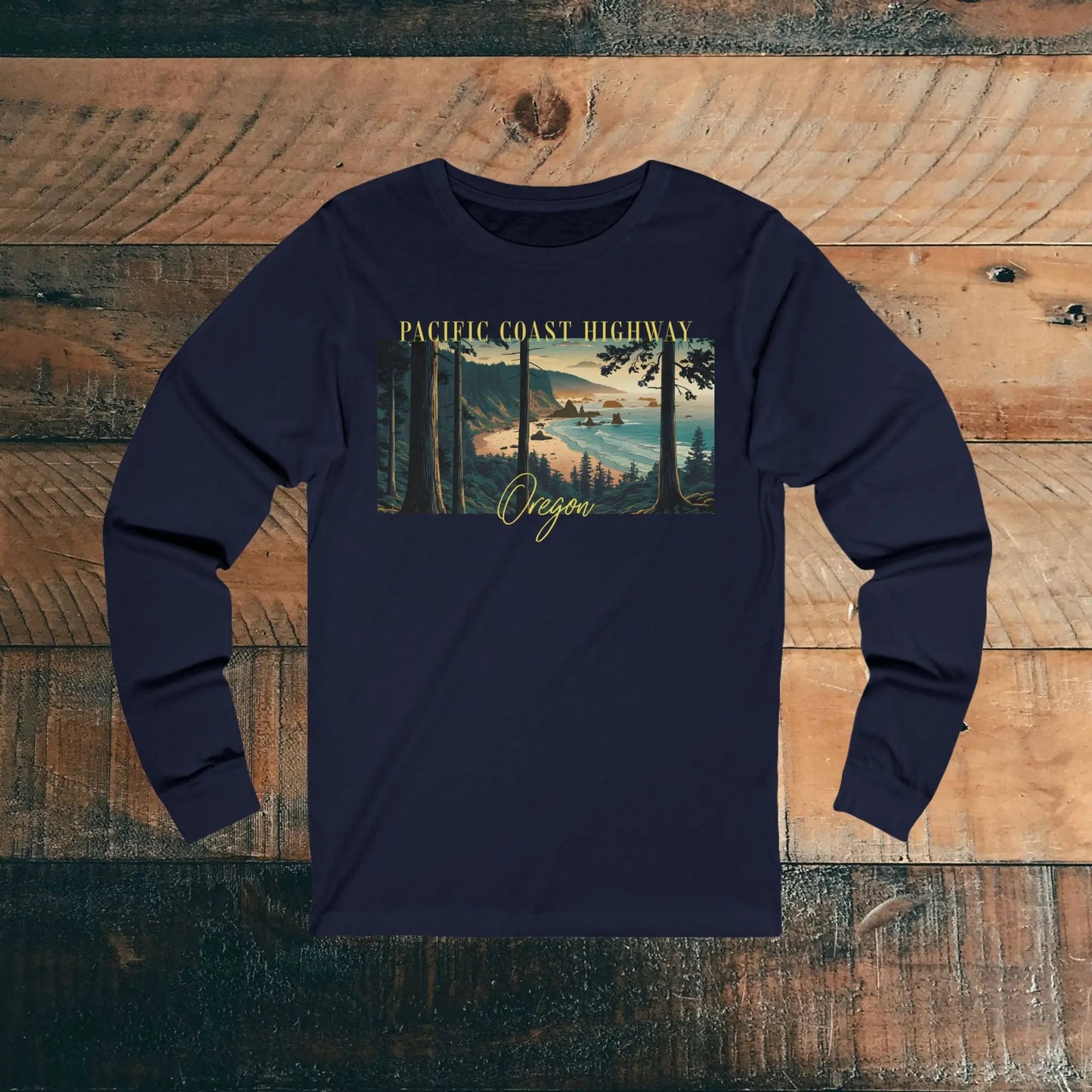 Oregon Pacific Coast Highway Unisex Long Sleeve T-shirt Long-sleeve Printify S Navy