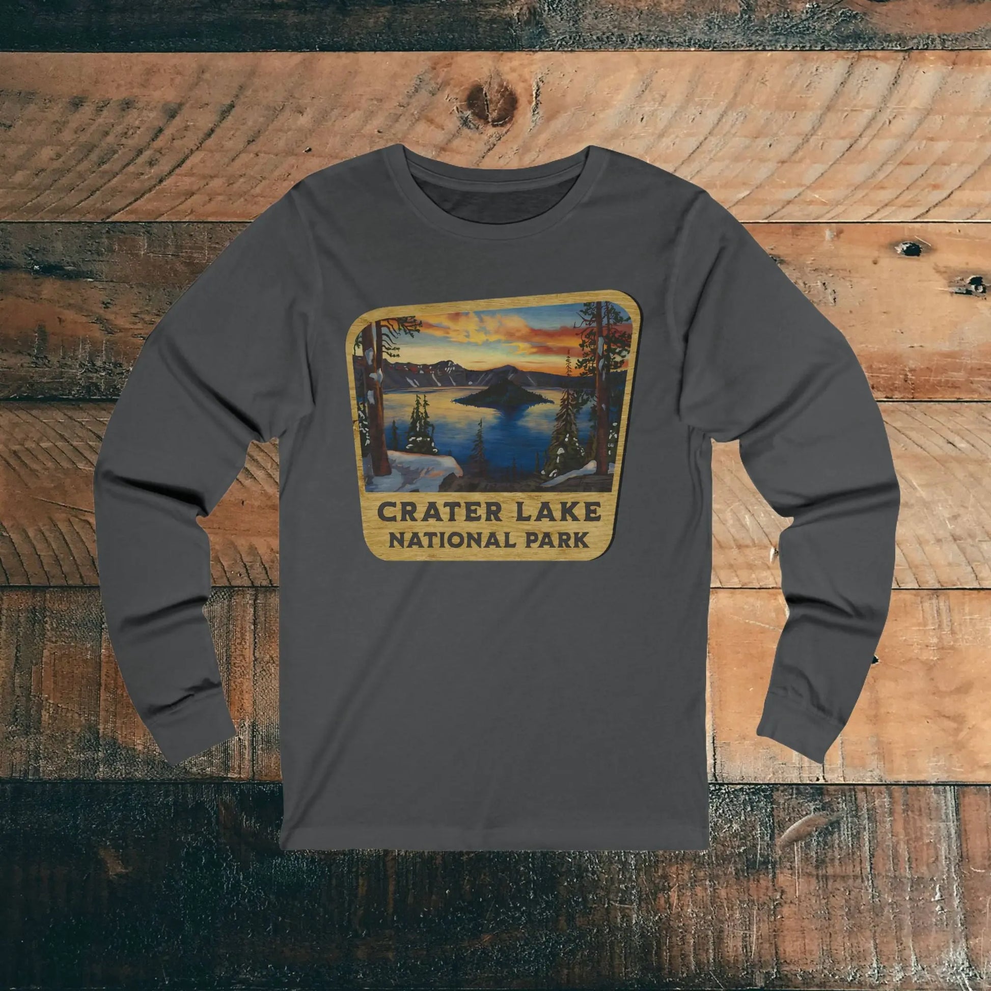 Crater Lake National Park Unisex Fit Long Sleeve T-shirt Wood Sign Graphic Long-sleeve Printify S Asphalt