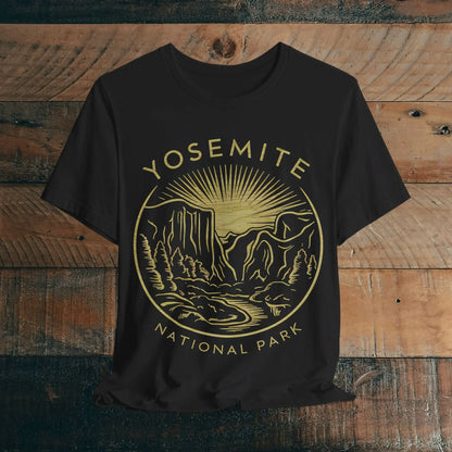 Yosemite National Park Valley Outline Art Unisex Fit Soft T-Shirt Wood Pattern T-Shirt Printify Black S