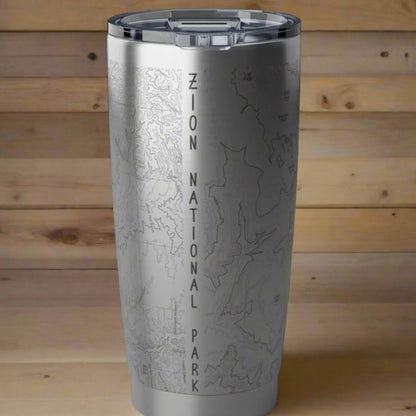 Zion National Park Topographic Tumbler 20oz Spill Resistant Lid Mug Printify 20oz Silver