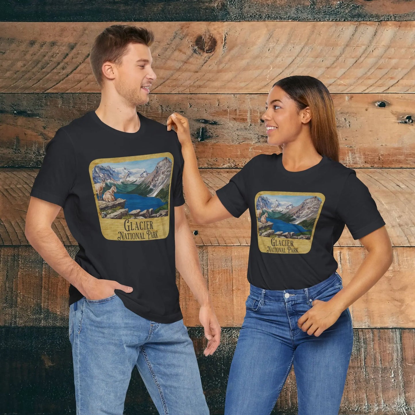 Glacier National Park Unisex Fit Short Sleeve T-Shirt Wood Sign T-Shirt Printify