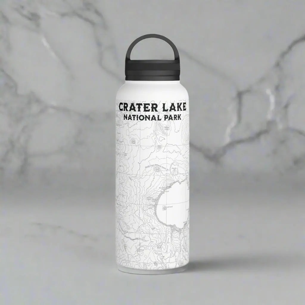 Crater Lake National Park Topographic Stainless Steel Water Bottle Handle Lid water bottle Printify White 32oz