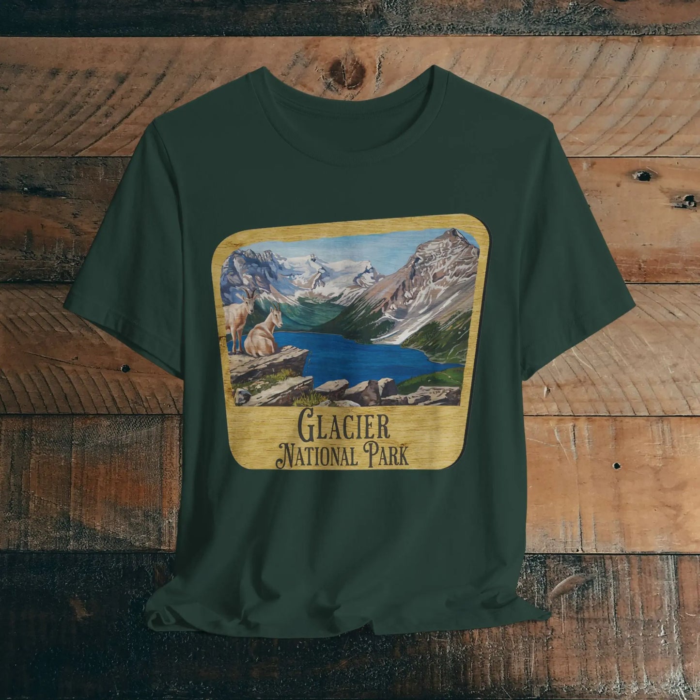 Glacier National Park Unisex Fit Short Sleeve T-Shirt Wood Sign T-Shirt Printify Forest XS