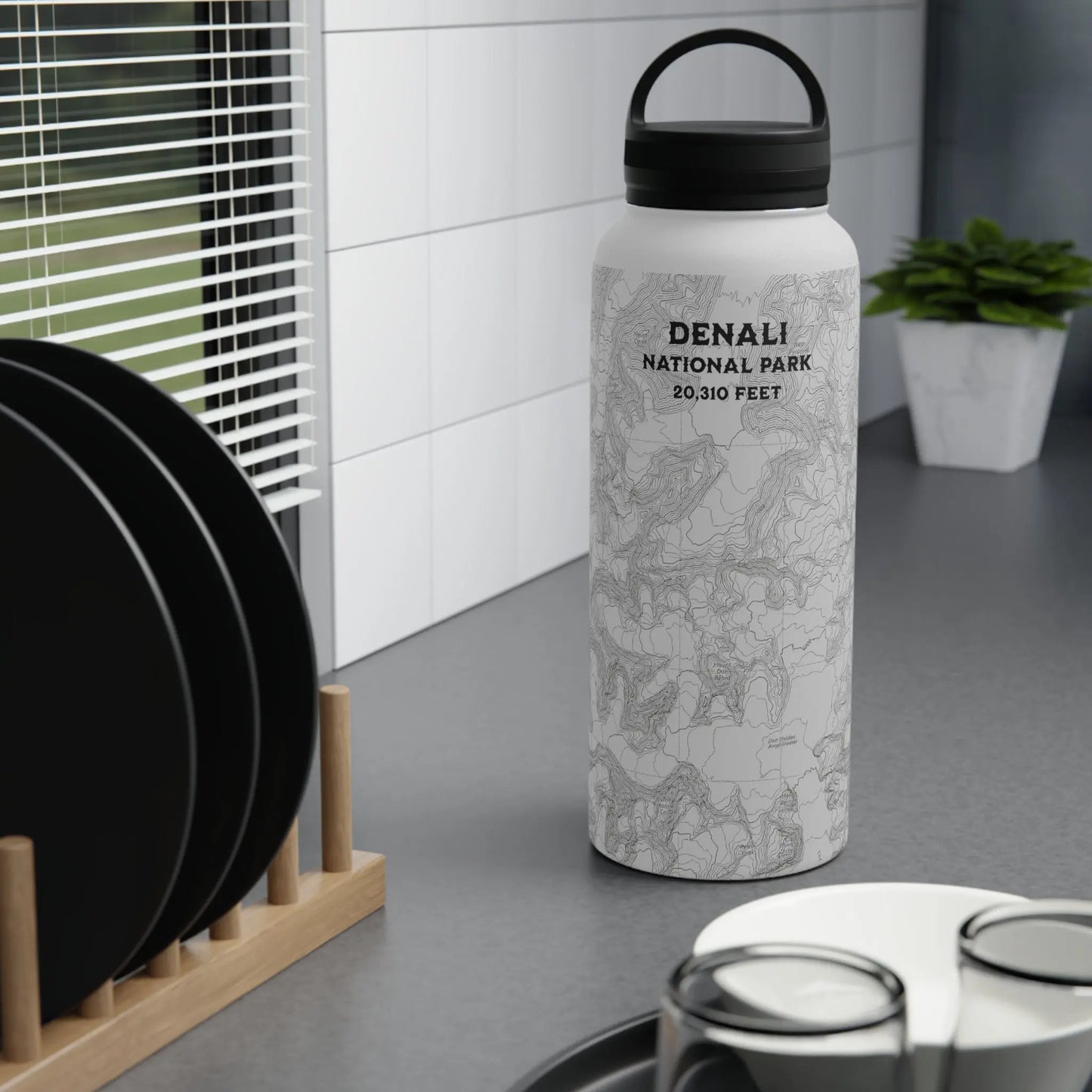 Denali National Park Topographic Stainless Steel Water Bottle Handle Lid Alaska 20,310 Ft. Mug Printify