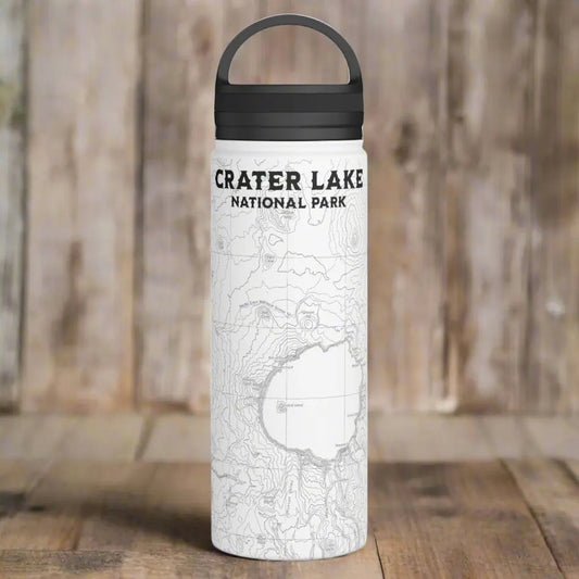 Crater Lake National Park Topographic Stainless Steel Water Bottle Handle Lid water bottle Printify White 18oz