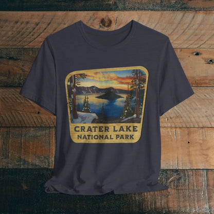 Crater Lake National Park Unisex Fit Short Sleeve T-Shirt Wood Sign T-Shirt Printify Heather Midnight Navy XS