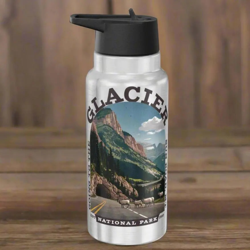 Glacier National Park Insulated Water Bottle Tumbler 32oz Going to the Sun Mug Printify Silver 32oz