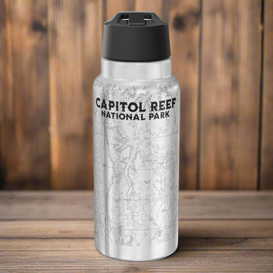 Capitol Reef Topographic Water Bottle Tumbler Mug Printify Silver 32oz