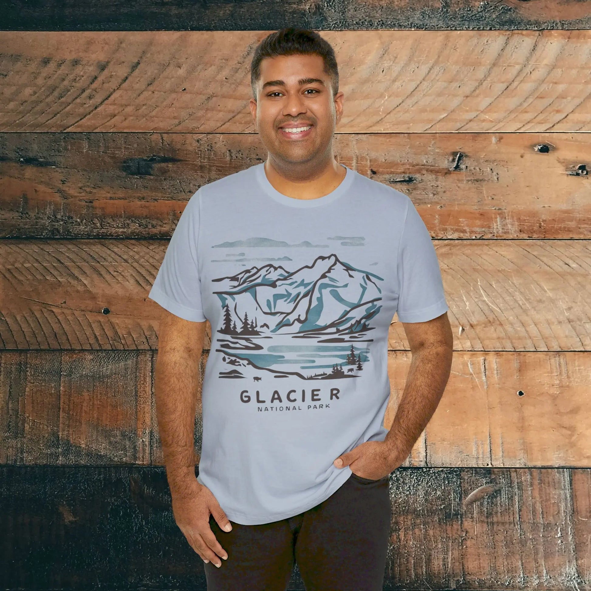 Glacier National Park Unisex Fit Soft T-Shirt Watercolor Line Art T-Shirt Printify