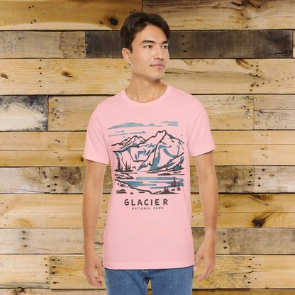Glacier National Park Unisex Fit Soft T-Shirt Watercolor Line Art T-Shirt Printify