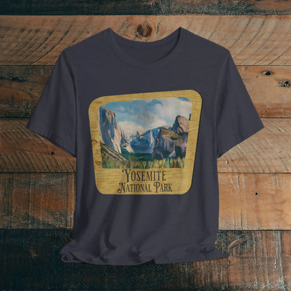 Yosemite National Park Unisex Fit Short Sleeve T-Shirt Wood Sign T-Shirt Printify Heather Midnight Navy XS