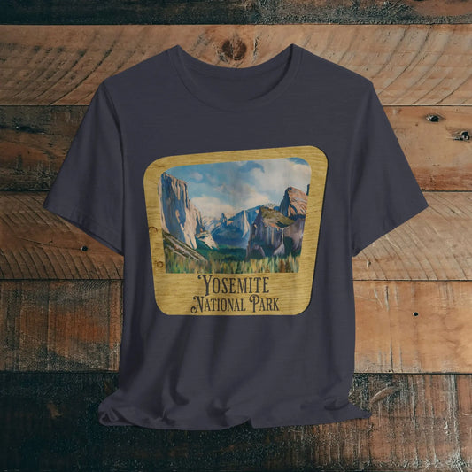 Yosemite National Park Unisex Fit Short Sleeve T-Shirt Wood Sign T-Shirt Printify Heather Midnight Navy XS
