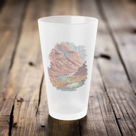 Grand Canyon National Park Frosted Pint Glass 16oz Distressed River Graphic Drinkware Printify 16oz Frosted