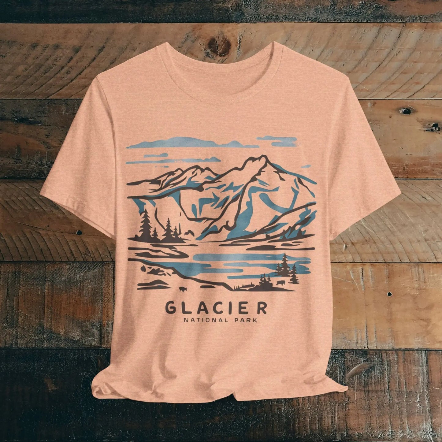 Glacier National Park Unisex Fit Soft T-Shirt Watercolor Line Art T-Shirt Printify Heather Peach S