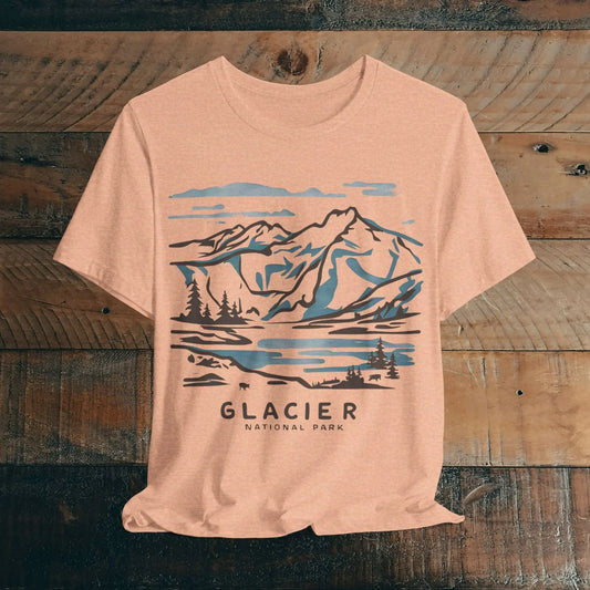 Glacier National Park Unisex Fit Soft T-Shirt Watercolor Line Art T-Shirt Printify Heather Peach S