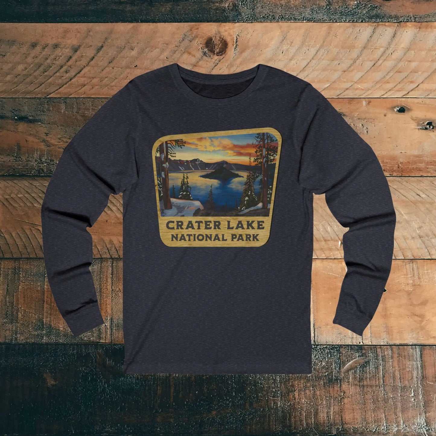 Crater Lake National Park Unisex Fit Long Sleeve T-shirt Wood Sign Graphic Long-sleeve Printify S Heather Navy