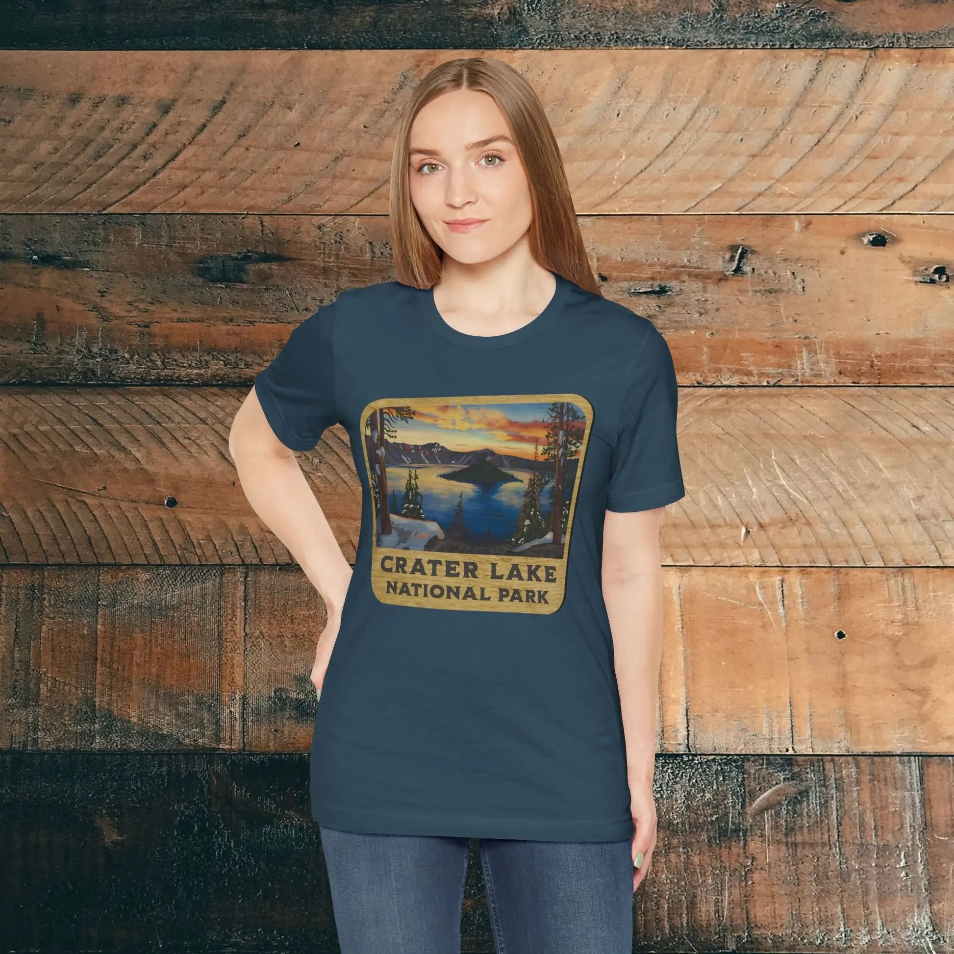 Crater Lake National Park Unisex Fit Short Sleeve T-Shirt Wood Sign T-Shirt Printify