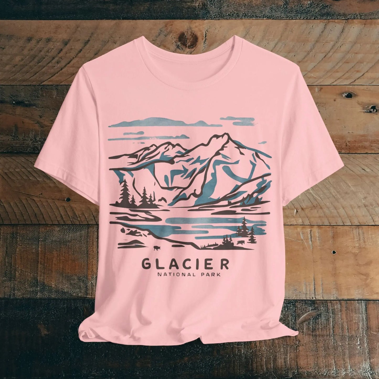 Glacier National Park Unisex Fit Soft T-Shirt Watercolor Line Art T-Shirt Printify Pink S