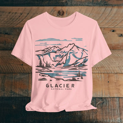 Glacier National Park Unisex Fit Soft T-Shirt Watercolor Line Art T-Shirt Printify Pink S