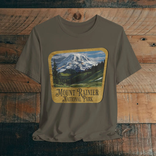 Mount Rainier National Park Unisex Fit Short Sleeve T-Shirt Wood Sign T-Shirt Printify Army XS
