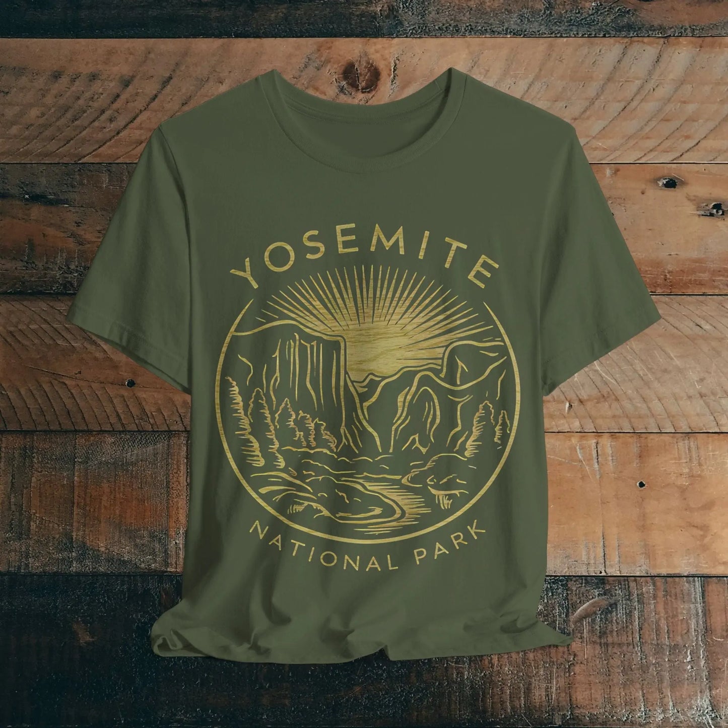 Yosemite National Park Valley Outline Art Unisex Fit Soft T-Shirt Wood Pattern T-Shirt Printify Military Green S