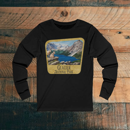 Glacier National Park Unisex Fit Long Sleeve T-Shirt Mountain View Wood Sign Long-sleeve Printify S Black
