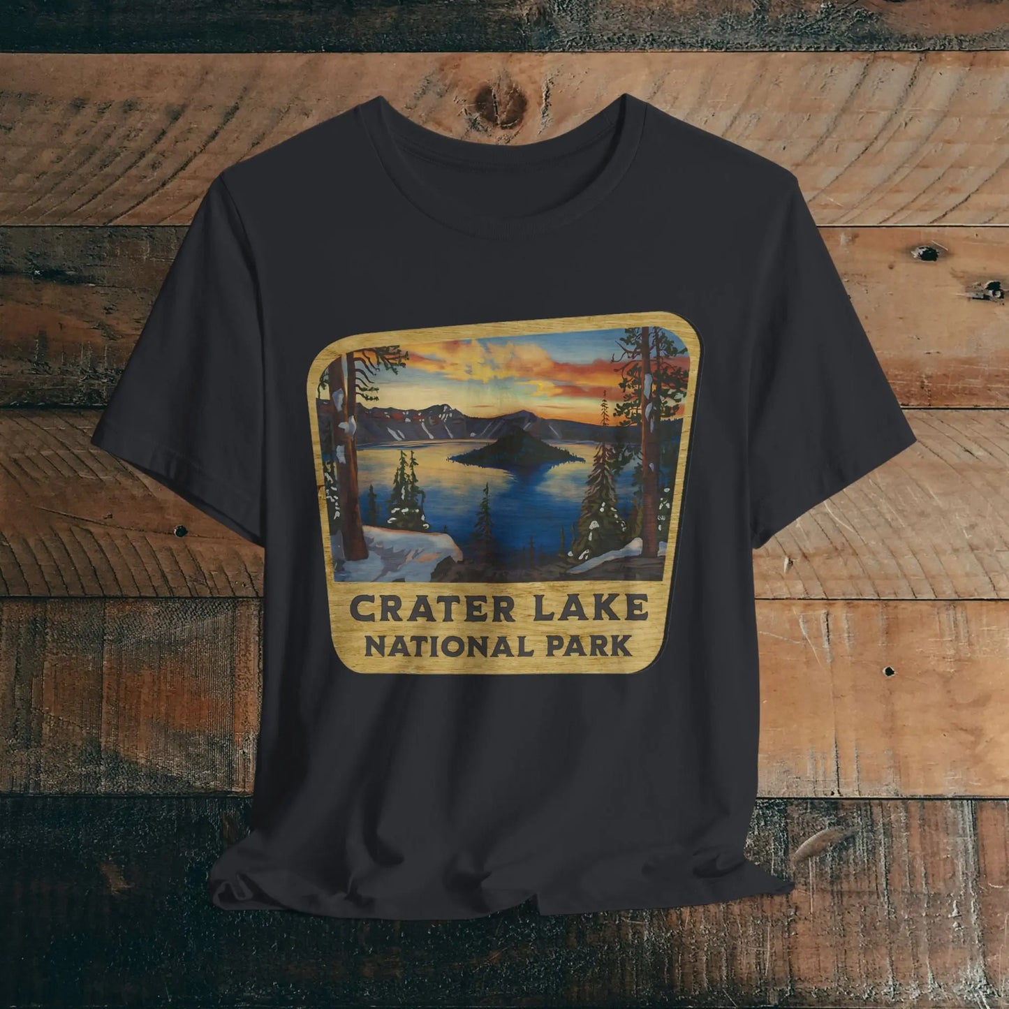 Crater Lake National Park Unisex Fit Short Sleeve T-Shirt Wood Sign T-Shirt Printify Vintage Black XS