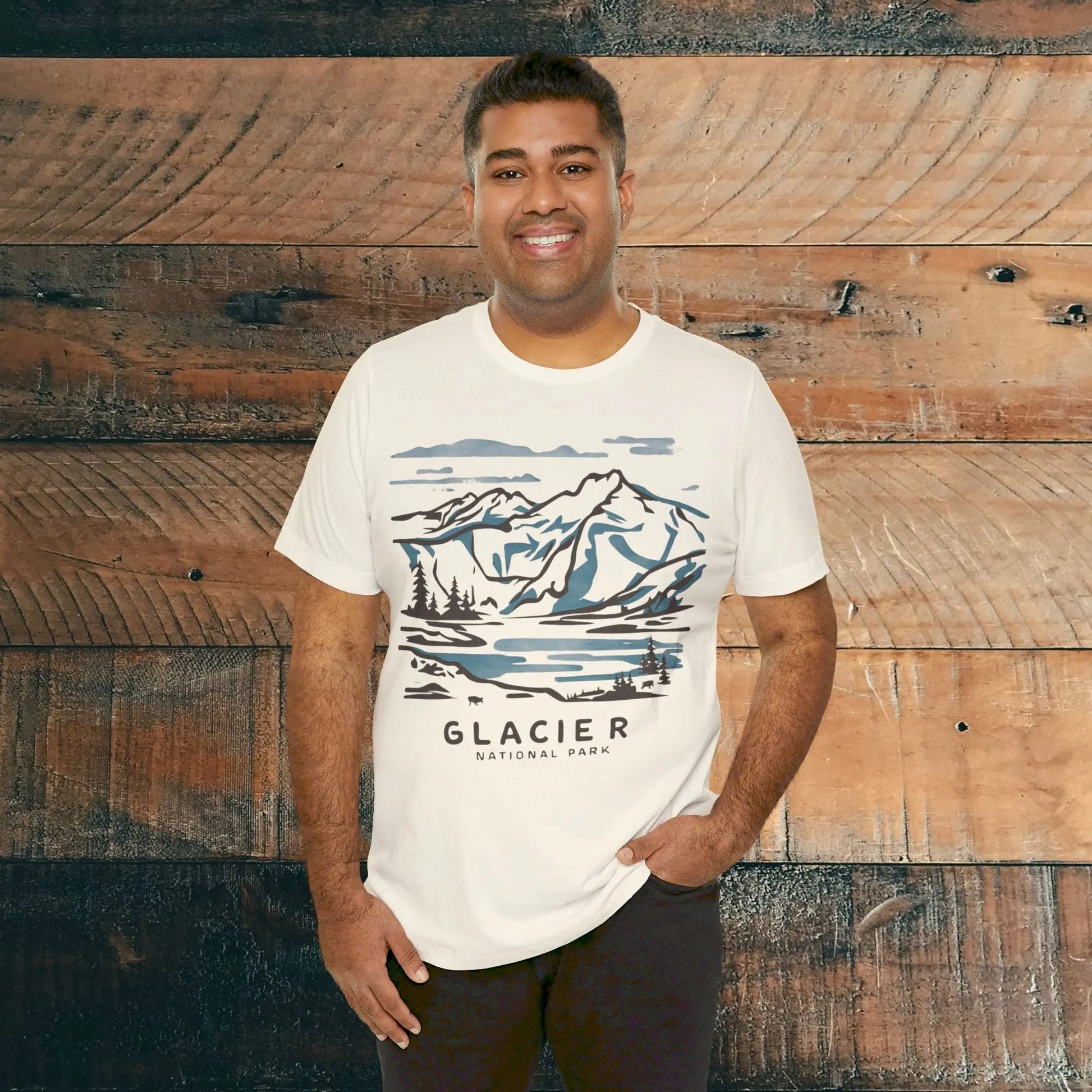 Glacier National Park Unisex Fit Soft T-Shirt Watercolor Line Art T-Shirt Printify