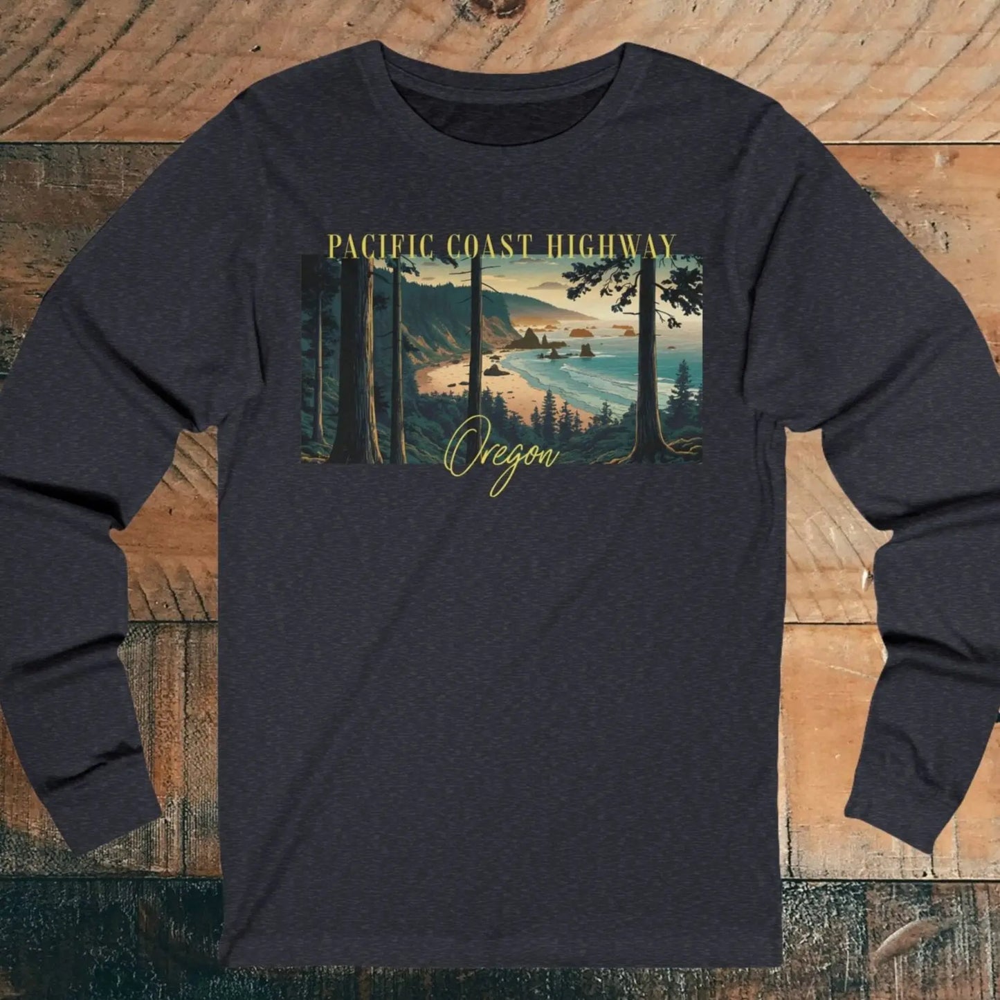 Oregon Pacific Coast Highway Unisex Long Sleeve T-shirt Long-sleeve Printify S Heather Navy