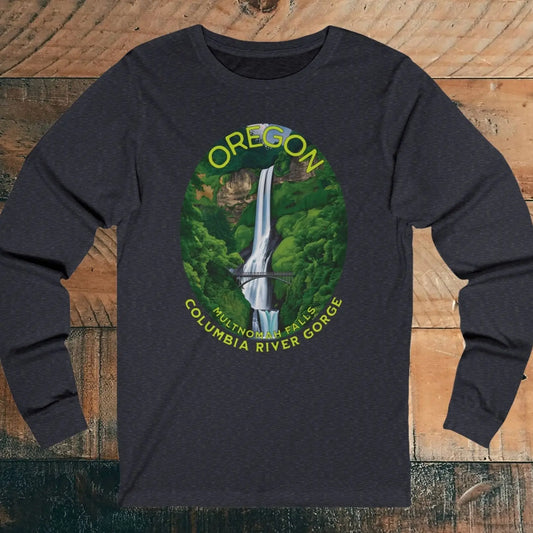 Multnomah Falls Unisex Long Sleeve T-shirt Oregon Long-sleeve Printify S Heather Navy