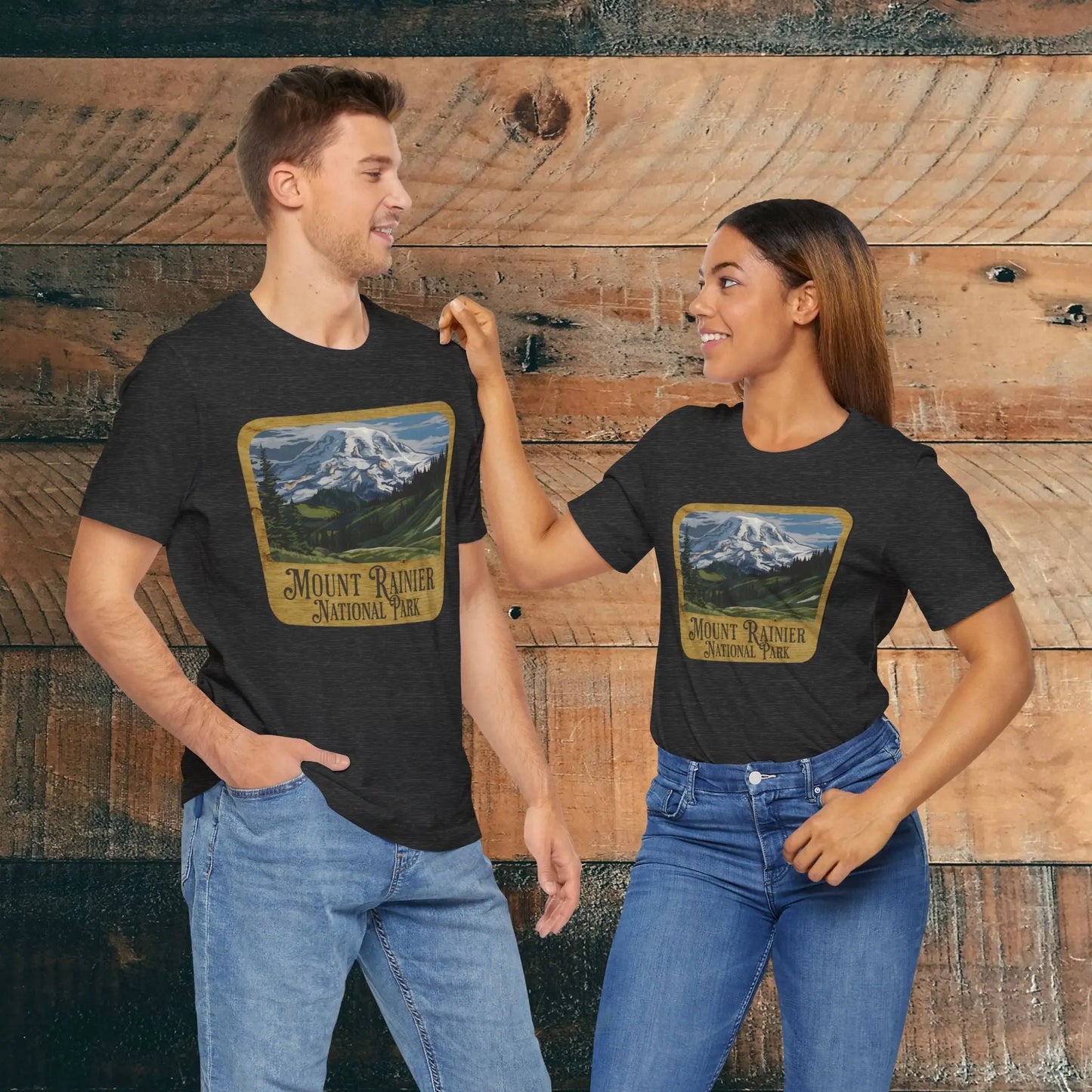 Mount Rainier National Park Unisex Fit Short Sleeve T-Shirt Wood Sign T-Shirt Printify