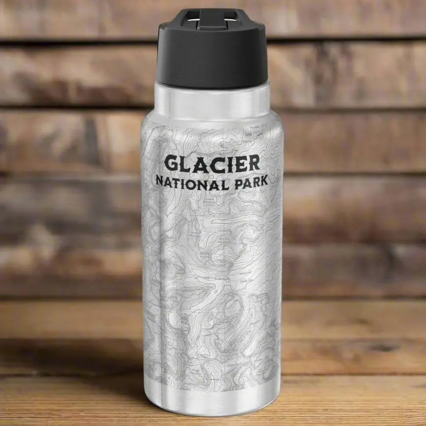 Glacier National Park Topographic Insulated Water Bottle Tumbler 32oz CDT PNT Trails Mug Printify Silver 32oz