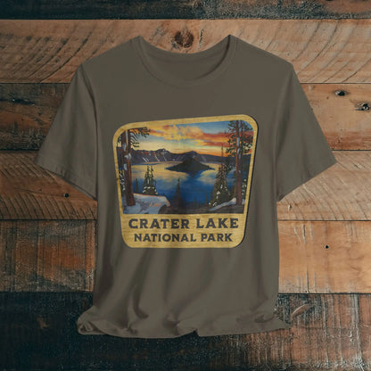 Crater Lake National Park Unisex Fit Short Sleeve T-Shirt Wood Sign T-Shirt Printify Army XS