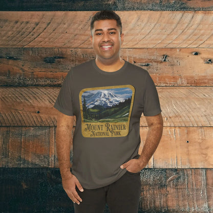 Mount Rainier National Park Unisex Fit Short Sleeve T-Shirt Wood Sign T-Shirt Printify