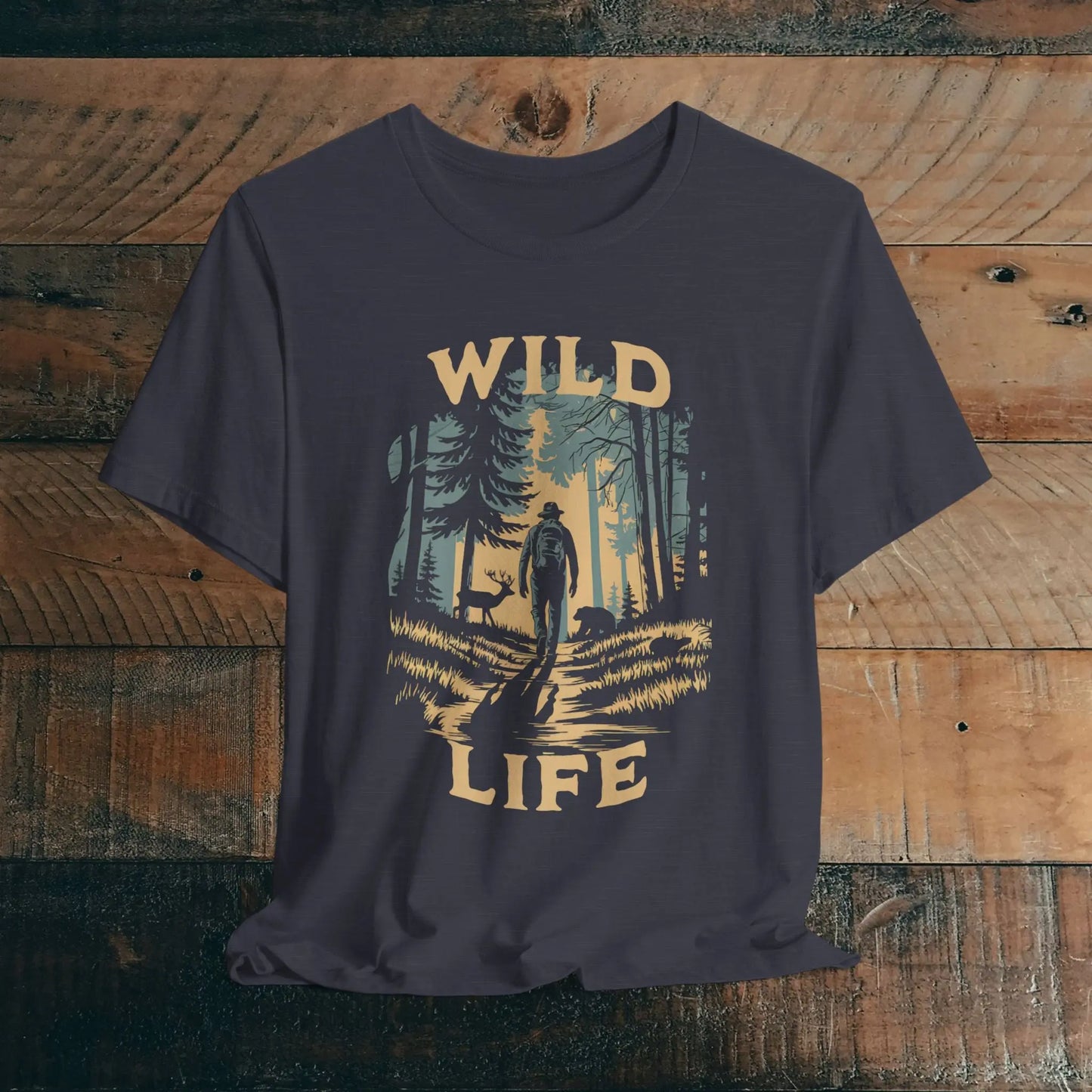 Wild Life Hike Backpacker Unisex T-shirt T-Shirt Printify Heather Midnight Navy XS