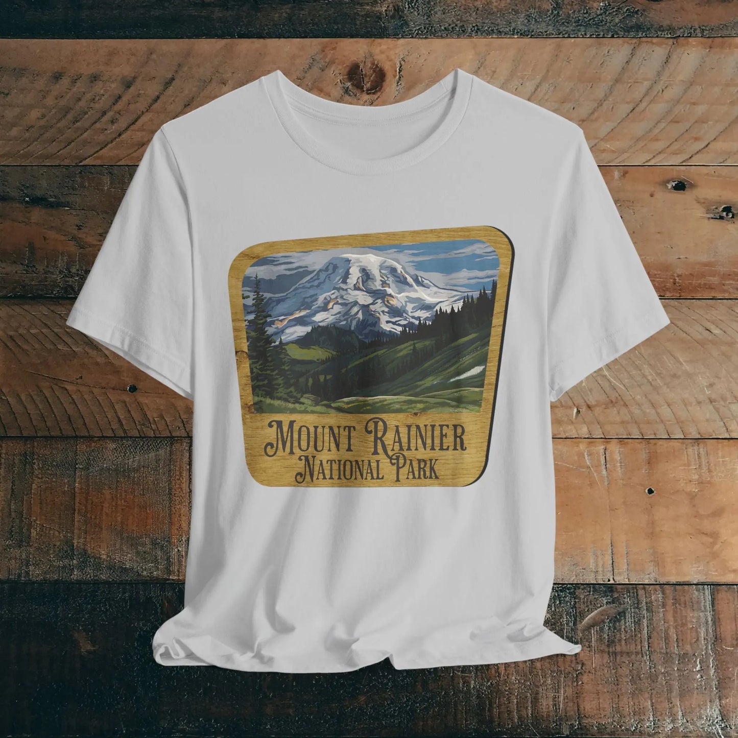 Mount Rainier National Park Unisex Fit Short Sleeve T-Shirt Wood Sign T-Shirt Printify Solid Athletic Grey XS