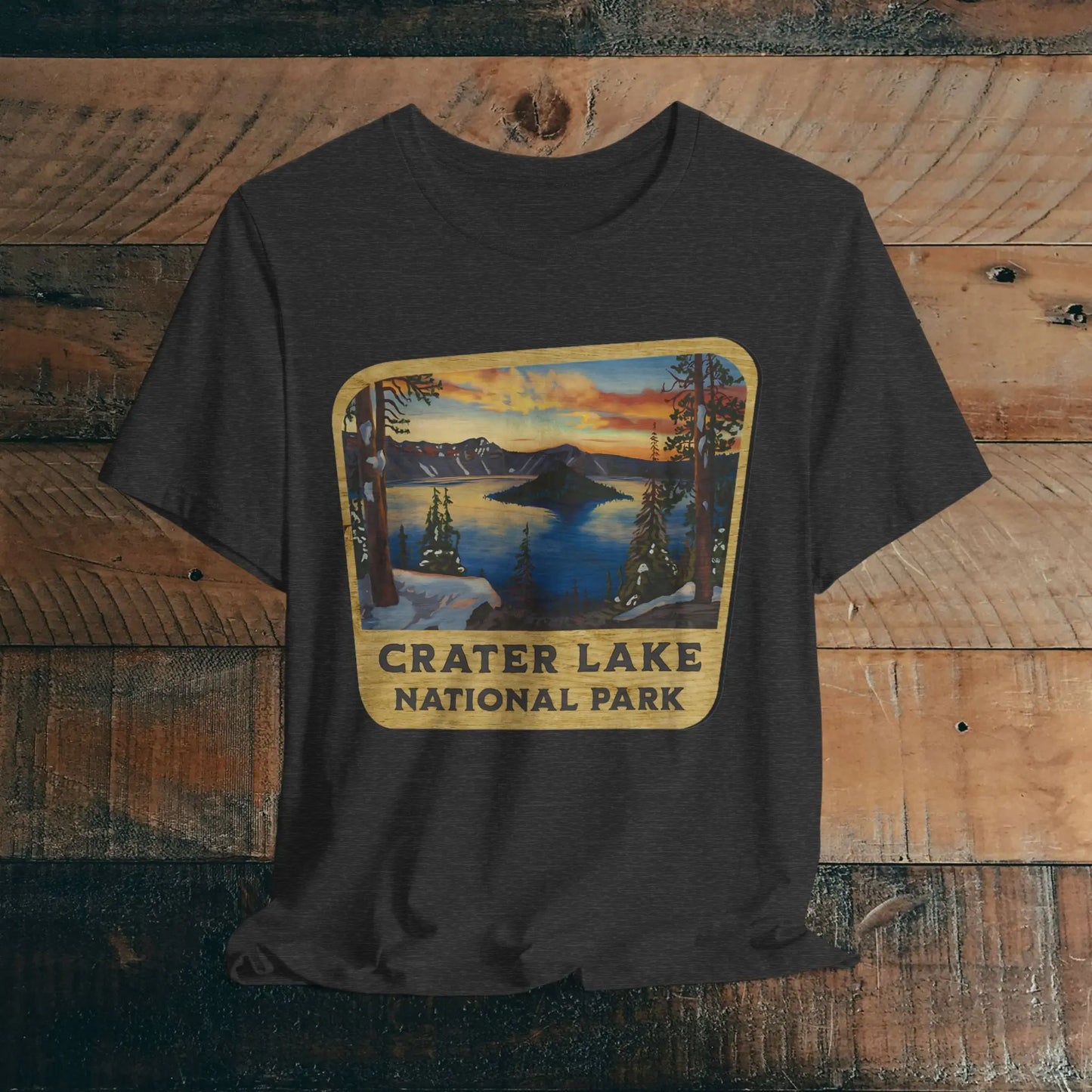 Crater Lake National Park Unisex Fit Short Sleeve T-Shirt Wood Sign T-Shirt Printify Dark Grey Heather XS