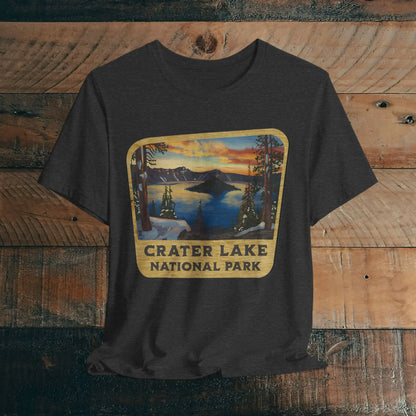 Crater Lake National Park Unisex Fit Short Sleeve T-Shirt Wood Sign T-Shirt Printify Dark Grey Heather XS