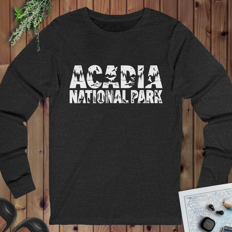 Acadia Lighthouse National Park Topo Long Sleeve T-Shirt in Dark Grey Heather