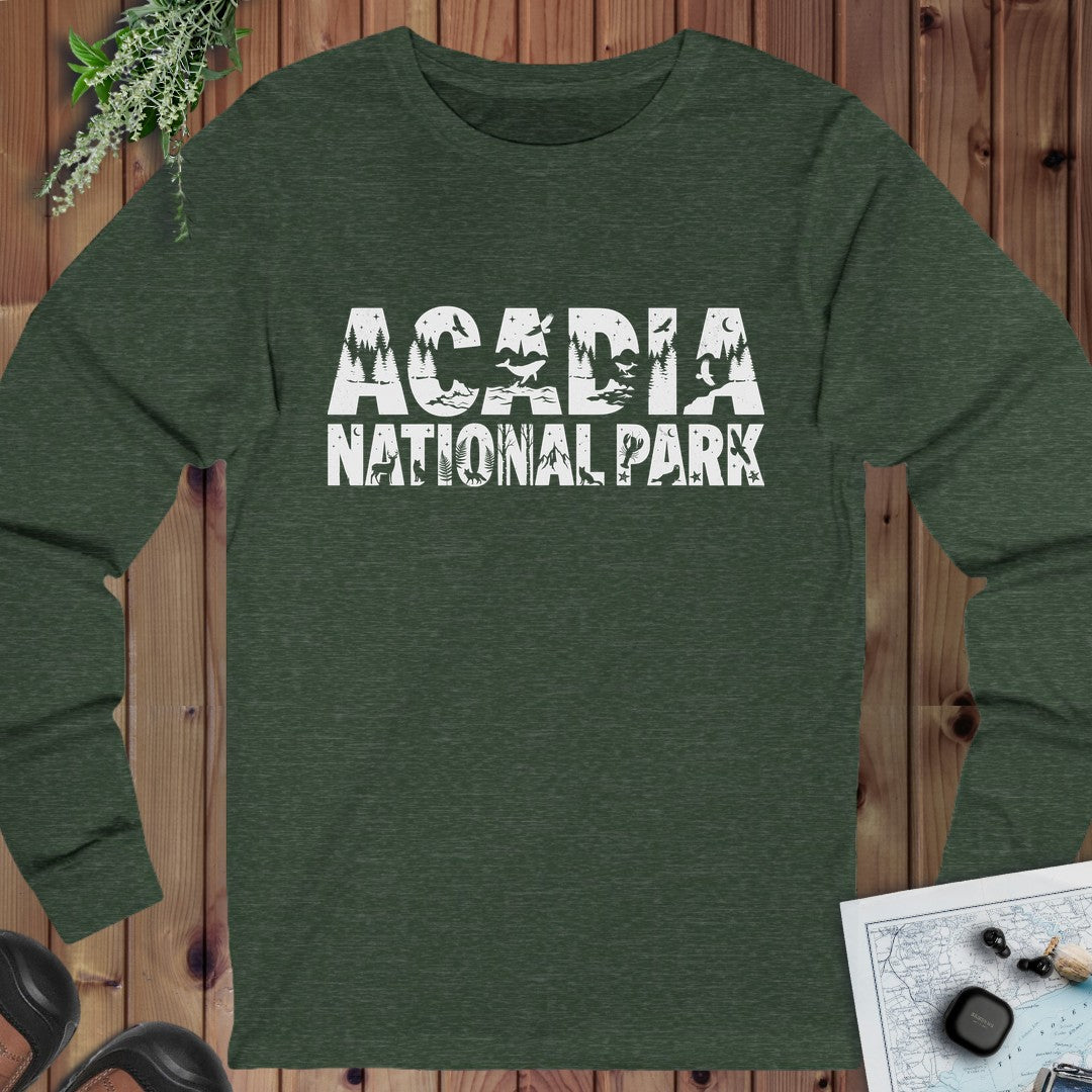 Acadia Lighthouse National Park Topo Long Sleeve T-Shirt in Heather Forest