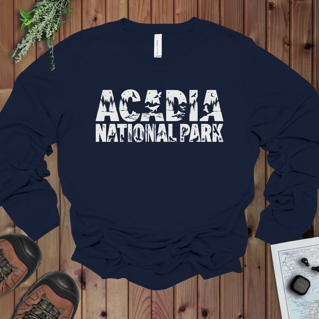 Acadia Lighthouse National Park Topo Long Sleeve T-Shirt in Navy