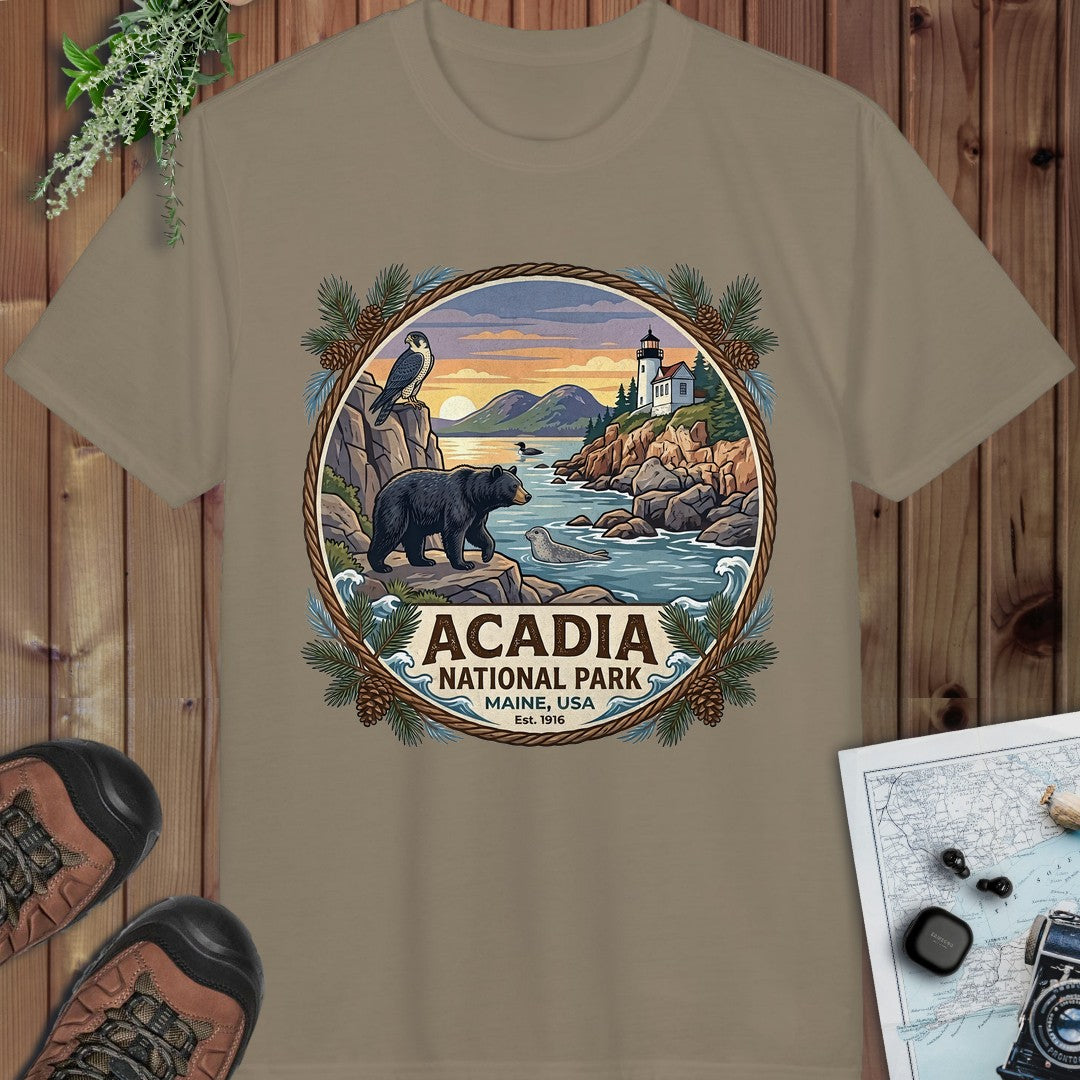 Acadia National Park Emblem Performance T-Shirt in Prairie Dust